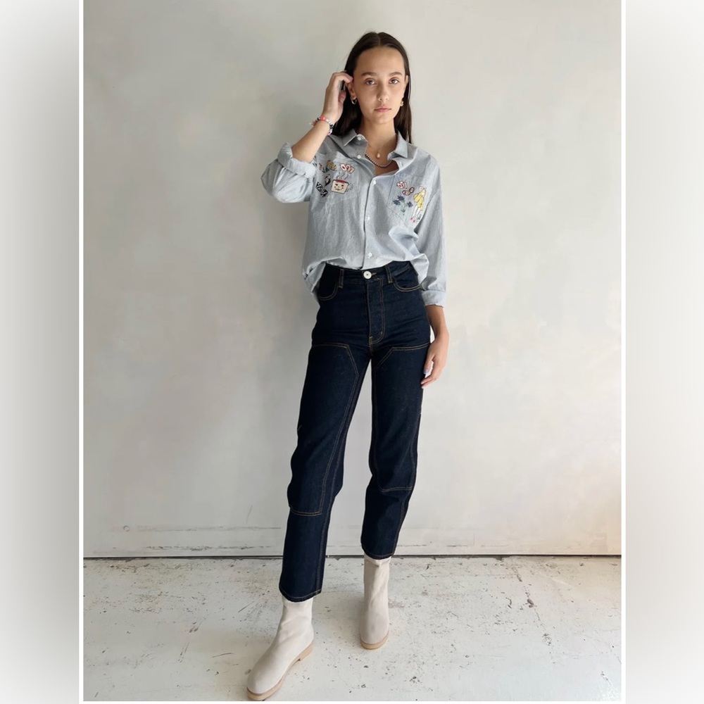 Jesse Kamm- EUC patchfront handy pant in dark blue/gold stitch DENIM